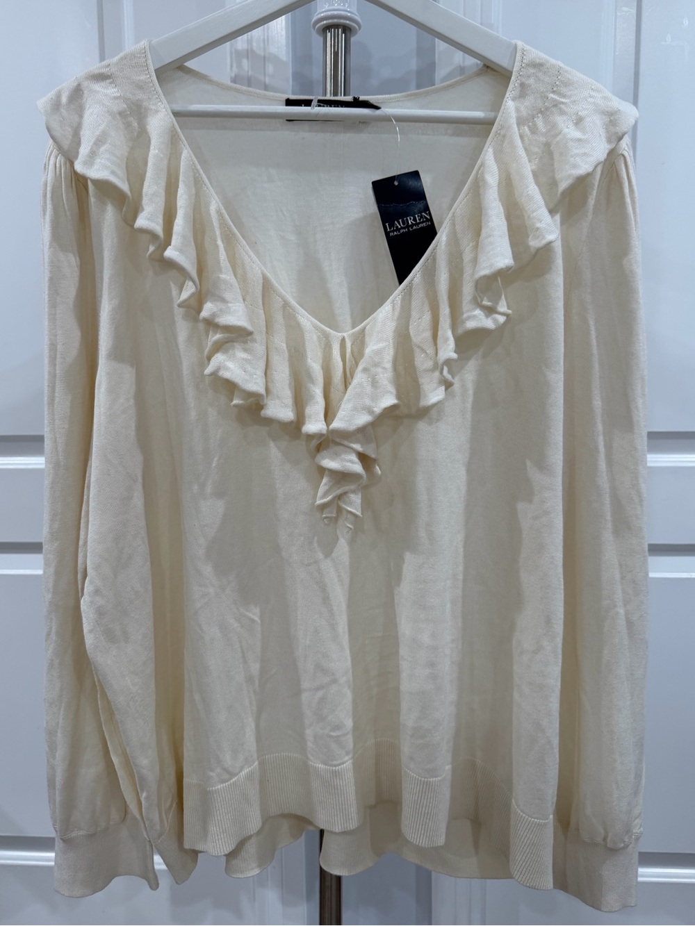 Lauren Ralph Lauren Ruffle V-Neck Pullover Sweater 3X Winter Cream Black Label
